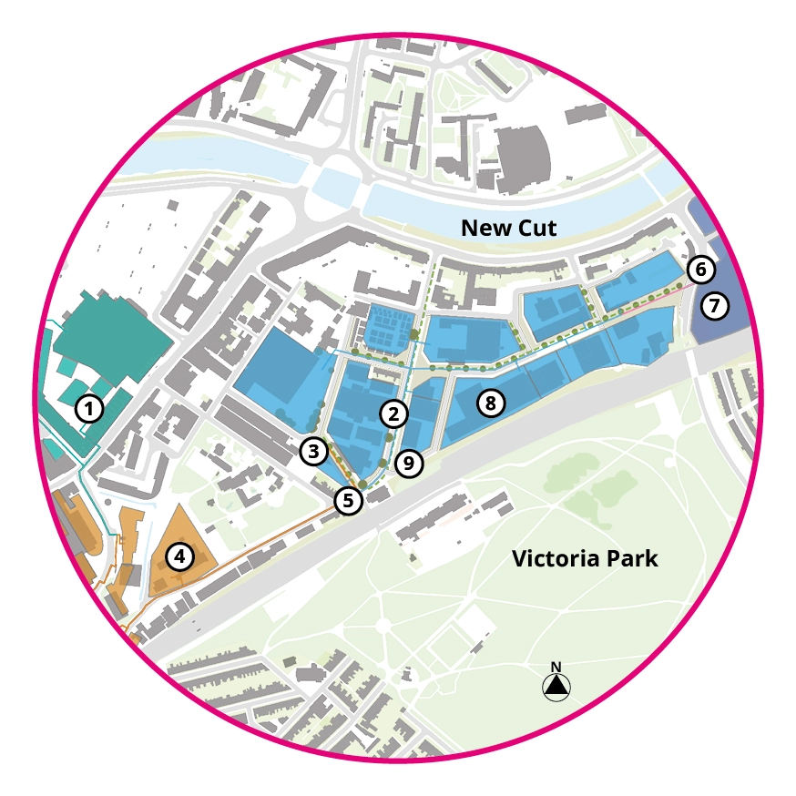 A plan showing the extent of the planned Bedminster Hear Network. The first phase, which is currently being installed is shown around the Bedminster Green development. The Whitehouse Street and Mead Street Regeneration Areas are shown as a second phase. A third phase includes Asda and new developments in central Bedminster. A energy centre is shown located on the corner of Willway Street. A temporary energy centre is shown next to the junction of Whitehouse Street and New Queen Street.