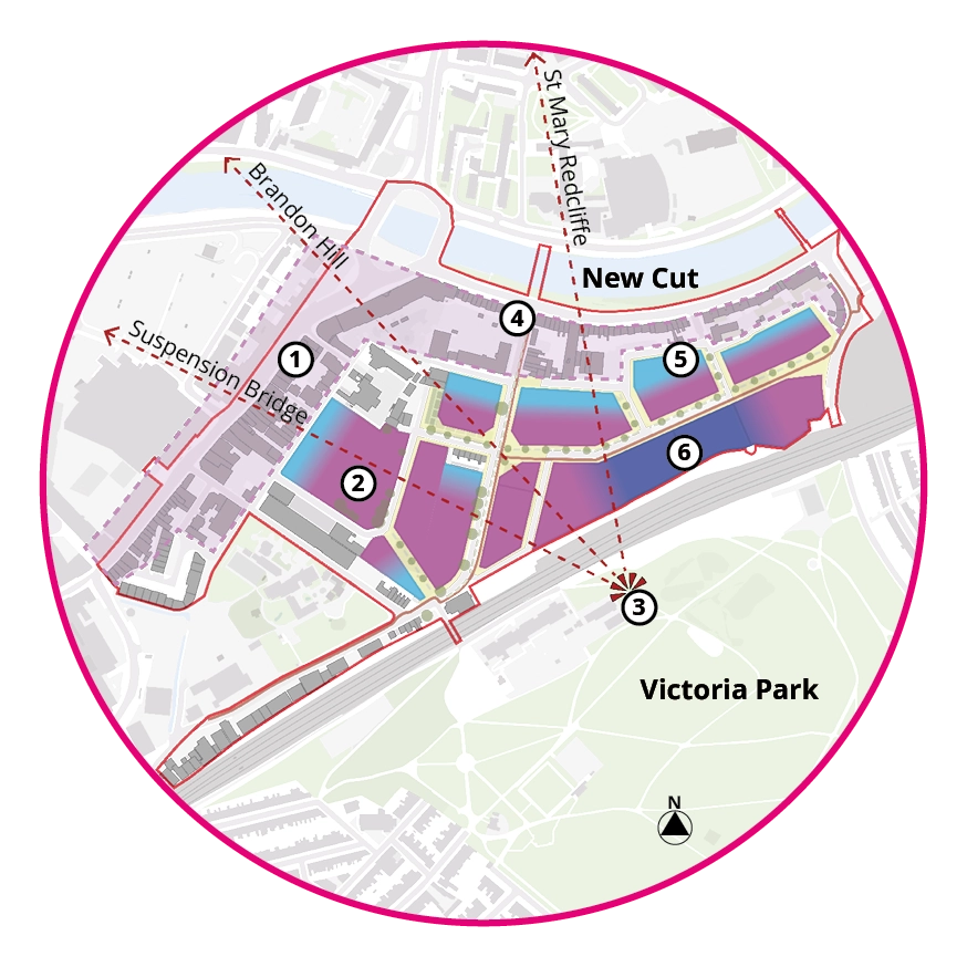 Plan showing the proposed heights and massing strategy. The viewpoint in Victoria Park is indicated, with the direction of views to the suspension bridge, Brandon Hill and St Mary Redcliffe shown. The plan shows three broad height categories. 1) At the edge of the core regeneration area along Stillhouse Lane, the back of York Road and behind existing homes, new development will be expected to correspond to the prevailing height in the area of around 3-4 storeys. 2) In the centre of the site, development will be expected to be appropriate up to an amplified height of 4-8 storeys, depending on context. 3) In an area between railway and Princess Street, an area with potential for taller buildings of greater than 8 storeys is indicated. Taller buildings will have to be contextual and demonstrate high quality design.