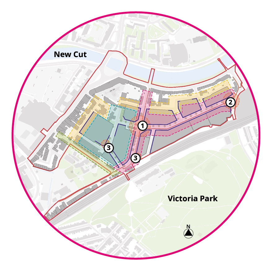 Plan showing the proposed townscape strategy. This shows four broad character areas within the regeneration area. 1) Philip Street is identified for potential public realm improvements for pedestrians and cyclists, and to improve the setting of Windmill Hill City Farm. 2) Whitehouse Street and Princess street are identified as principal streets that will have an important movement function for people on foot, bike or scooter. They will be characterised by generous footways, well defined frontages and street trees. 3) The edge of the core regeneration area along Stillhouse Lane and the back of York Road will provide a transition from the scale and character of the existing context to that of the new neighbourhood. The character of Stillhouse Lane will be retained and enhanced. 4) The Willway Street area will bring together a variety of new and existing businesses, new and historic buildings, new homes and community space.