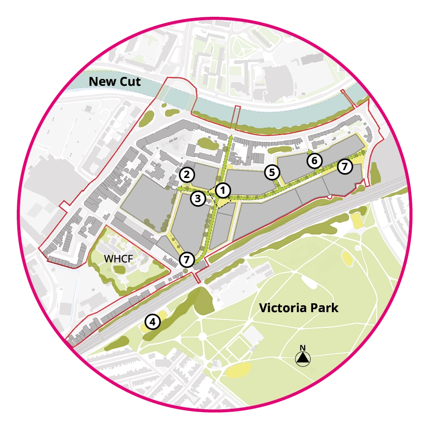 Plan showing the proposed movement strategy. The plan shows new a new east-west active travel route connecting Whitehouse Street to St Luke’s Road, and onward via Mead Street. The existing cycle track on Whitehouse Lane is shown connecting to the planned cycle track on Whitehouse Lane. New pedestrian connections are proposed from Whitehouse Street to Willway street, from Willway Street to Stillhouse Lane, and Spring Street to St Luke’s Road. A number of roads, including Philip Street, are shown as one way movements. Improvements to the public realm are identified for Philip Street, the alleys on Stillhouse Lane, and the railway underbridges. Potential improvements are shown on Langton Street Bridge (accessibility) and Bedminster Bridge (sustainable travel). The indicative location of tow multimodal mobility hubs are shown on St Luke’s Road and Whitehouse Street.