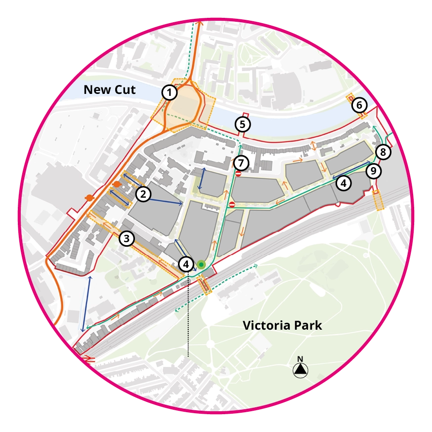 Plan showing the proposed movement strategy. The plan shows new a new east-west active travel route connecting Whitehouse Street to St Luke’s Road, and onward via Mead Street. The existing cycle track on Whitehouse Lane is shown connecting to the planned cycle track on Whitehouse Lane. New pedestrian connections are proposed from Whitehouse Street to Willway street, from Willway Street to Stillhouse Lane, and Spring Street to St Luke’s Road. A number of roads, including Philip Street, are shown as one way movements. Improvements to the public realm are identified for Philip Street, the alleys on Stillhouse Lane, and the railway underbridges. Potential improvements are shown on Langton Street Bridge (accessibility) and Bedminster Bridge (sustainable travel). The indicative location of tow multimodal mobility hubs are shown on St Luke’s Road and Whitehouse Street.