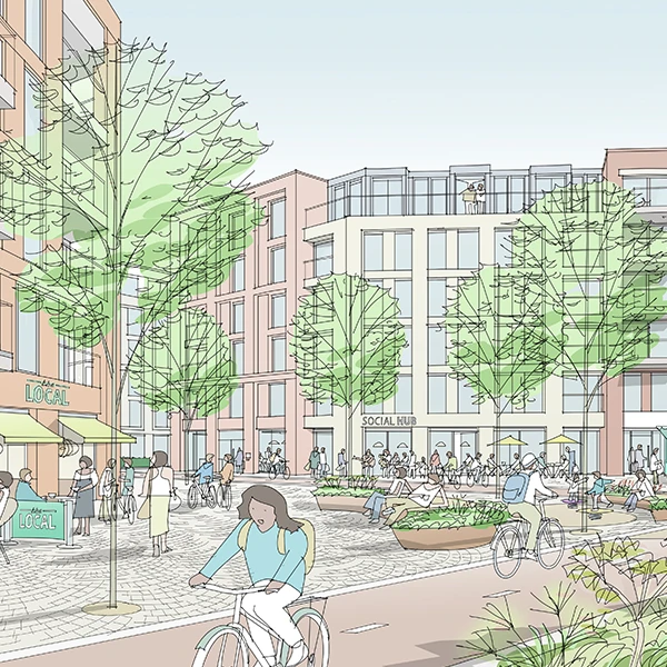 Artist’s impression of a new central plaza area in the Whitehouse Street Regeneration Area. Showing people living and working in the area in a landscaped car free environment with cycle lanes. This is not a detailed design