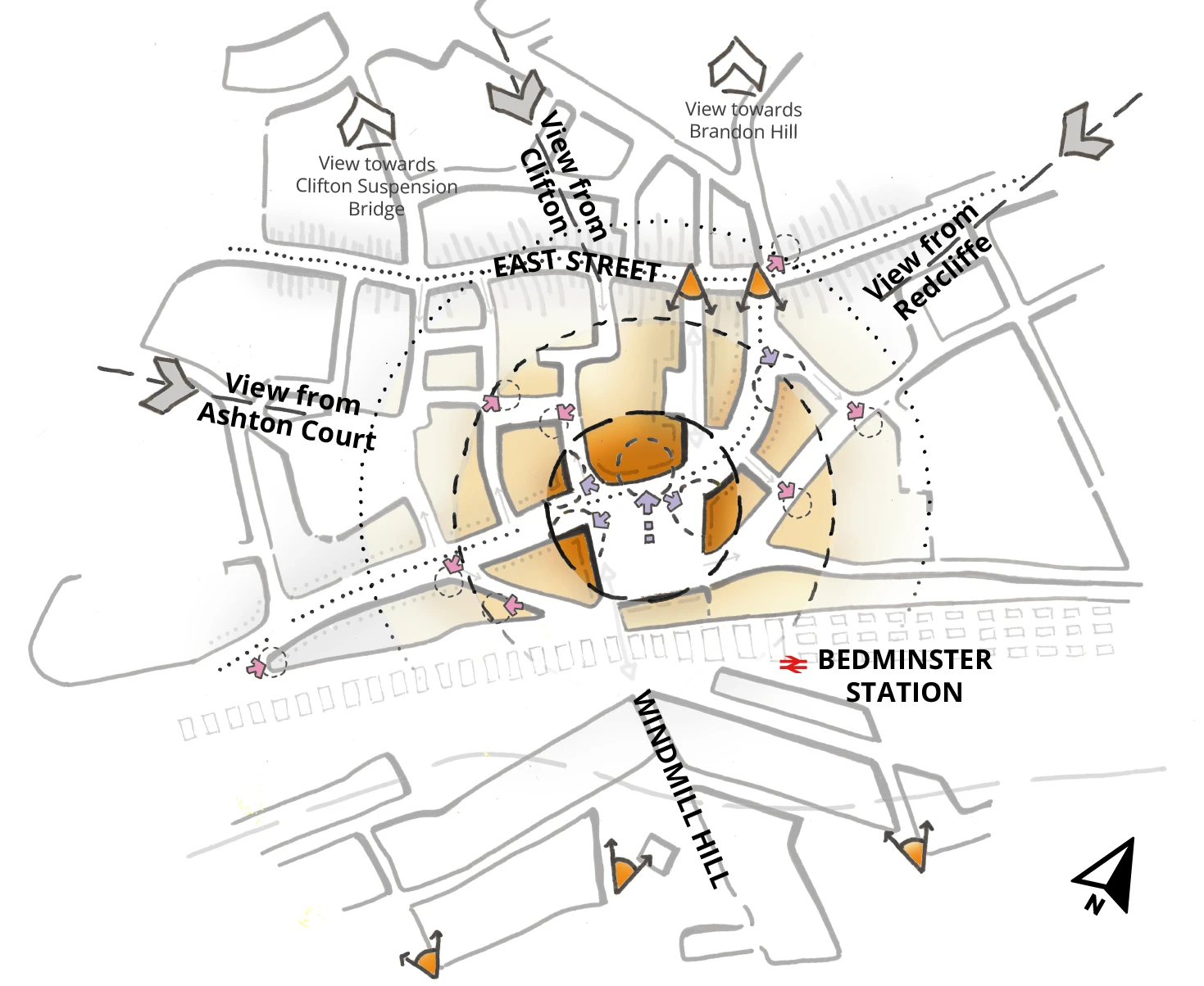 The base of this diagram, which is the same for all the framework diagrams, is a hand drawing showing the urban blocks of the wider Bedminster Green area – East Street is towards the top of the image, Dalby Avenue is in the middle, the railway and Bedminster station is below that and Windmill Hill is at the bottom. The diagram shows a highlighted circle, on Bedminster Green, in the centre and rings fading outwards. It also shows arrows pointing towards the highlighted area to show incoming views and arrows pointing away from the highlighted area to show outward views.