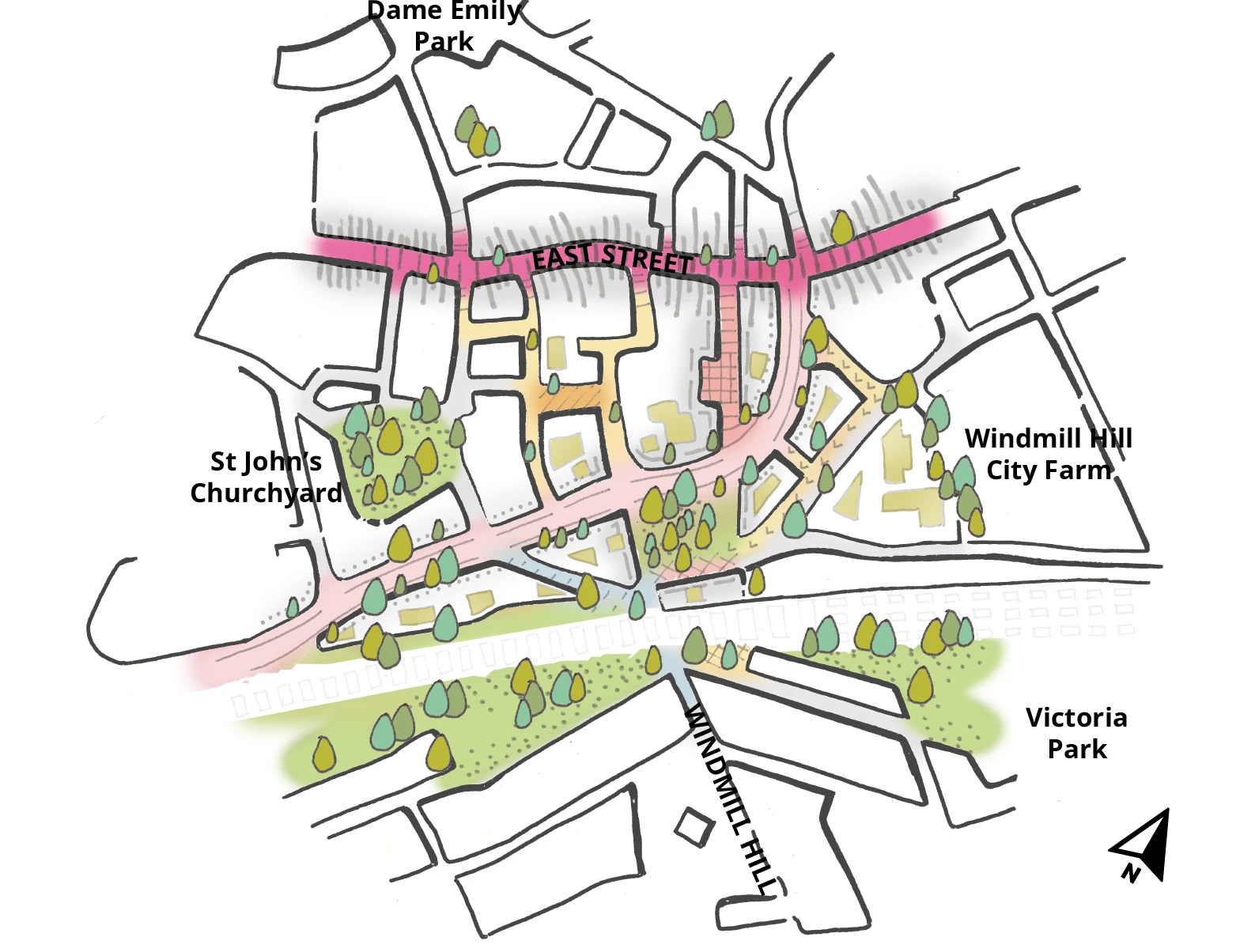 The base of this diagram, which is the same for all the framework diagrams, is a hand drawing showing the urban blocks of the wider Bedminster Green area – East Street is towards the top of the image, Dalby Avenue is in the middle, the railway and Bedminster station is below that and Windmill Hill is at the bottom. East Street is highlighted in pink, with block fronts with dashed black lines. Moving down the diagram shows spaces within the white blocks filled with green shapes and tree symbols.