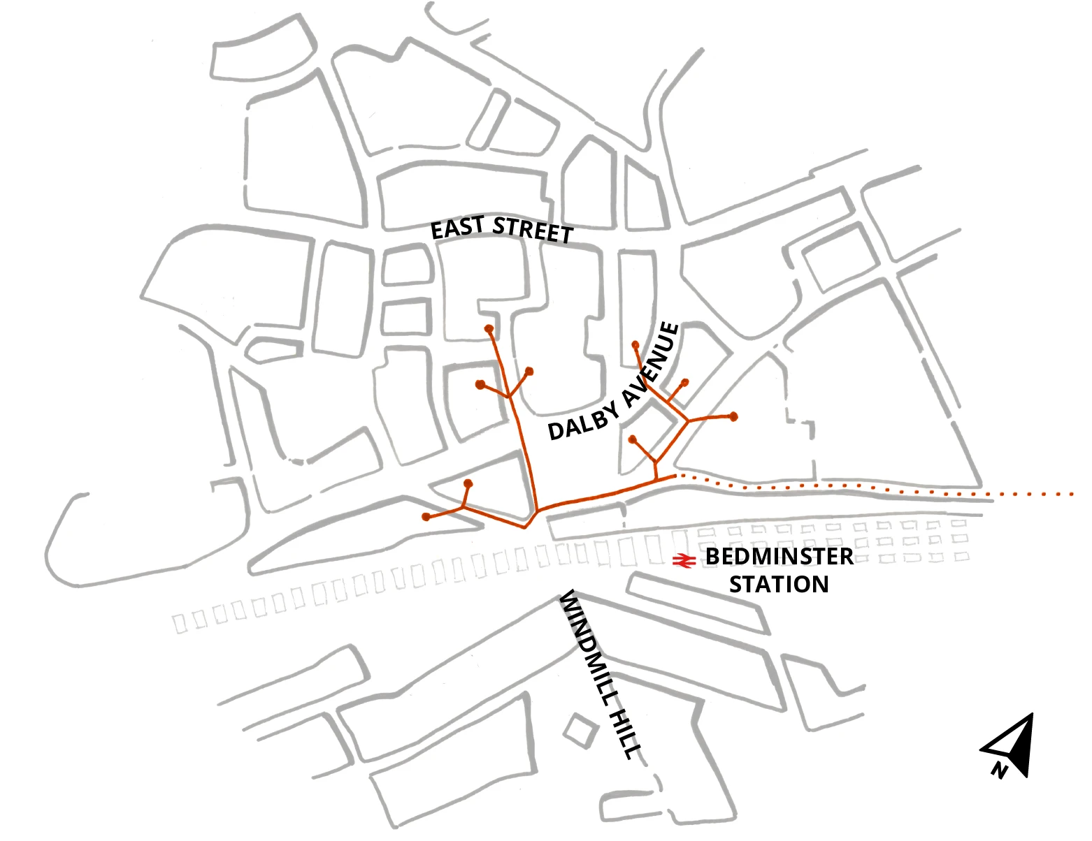 The base of this diagram, which is the same for all the framework diagrams, is a hand drawing showing the urban blocks of the wider Bedminster Green area – East Street is towards the top of the image, Dalby Avenue is in the middle, the railway and Bedminster station is below that and Windmill Hill is at the bottom. Orange lines run along roads around the central Green. A dashed orange line runs along Whitehouse Street off to the right of the diagram.