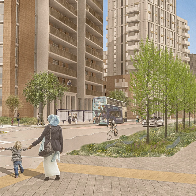 An artist's impression on an apartment building on Dalby Avenue. People in the foreground are crossing over a tree lined road towards a bus stop.