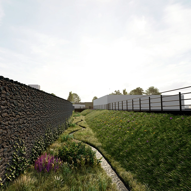 An artist’s impression of the restored river. Water meanders through plants and shrubs. One side of the river is banked grass and the other is a stone wall.