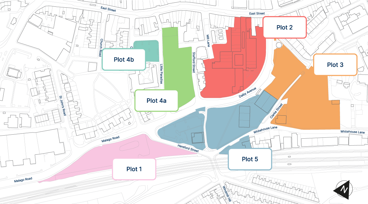 Plot Plan: A map showing a section of Bedminster in South Bristol – East Street is at the top of the map and the railway line with Bedminster Station is at the bottom. There are 6 areas highlighted in block primary colours that make up the Bedminster Green plots.