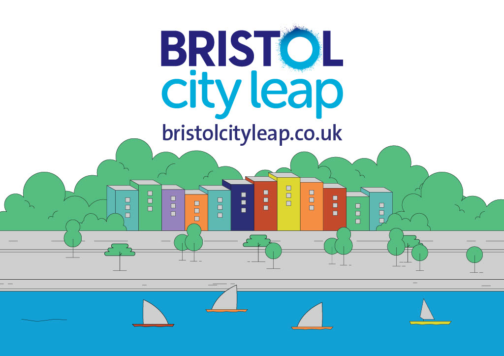 Illustration of riverside a buildings with the wording Bristol City Leap at the top.