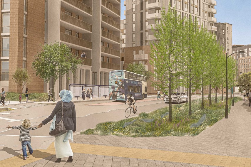 Artist impression of Malago Road. Trees in the foreground and public transport behind.