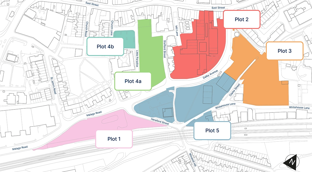 Plot Plan: A map showing a section of Bedminster in South Bristol – East Street is at the top of the map and the railway line with Bedminster Station is at the bottom. There are 6 areas highlighted in block primary colours that make up the Bedminster Green plots.