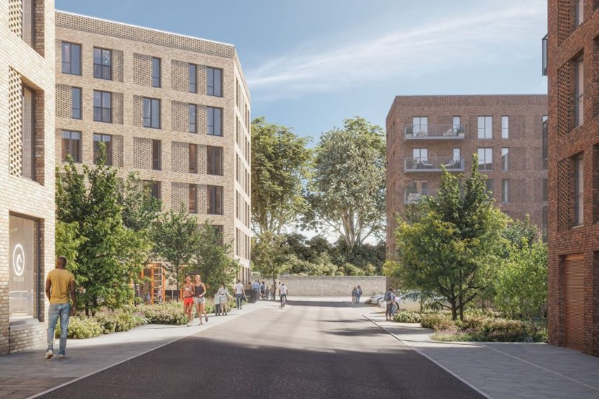 CGI showing regeneration area including buildings, green space and a road