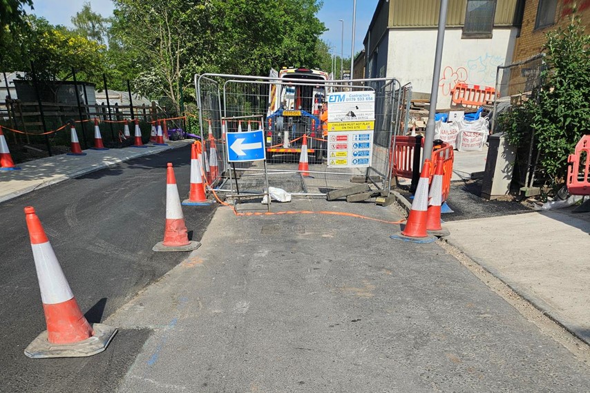 Roadworks on Whitehouse Lane in Bristol on a sunny day