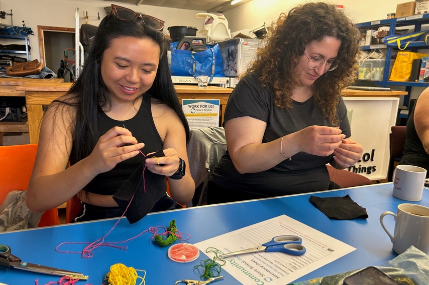 Two people craft in the Library of Things, Bedminster